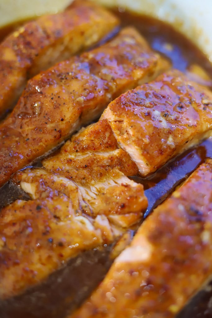 honey sriracha salmon in dish.