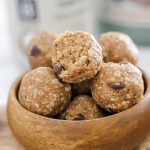 No Bake Vanilla Protein Balls in wooden bowl