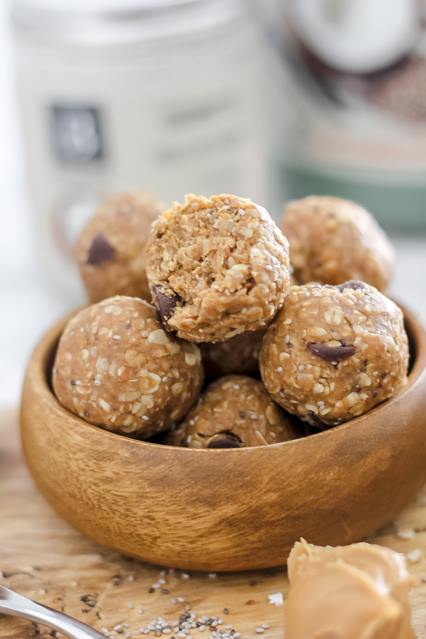 No Bake Vanilla Protein Balls in wooden bowl