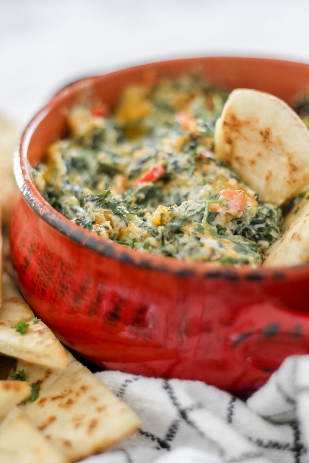 Spinach Dip in Red Bowl