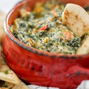 Spinach Dip in Red Bowl