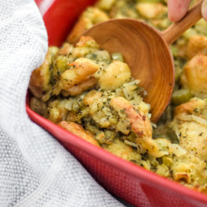 stuffing in a red casserole dish