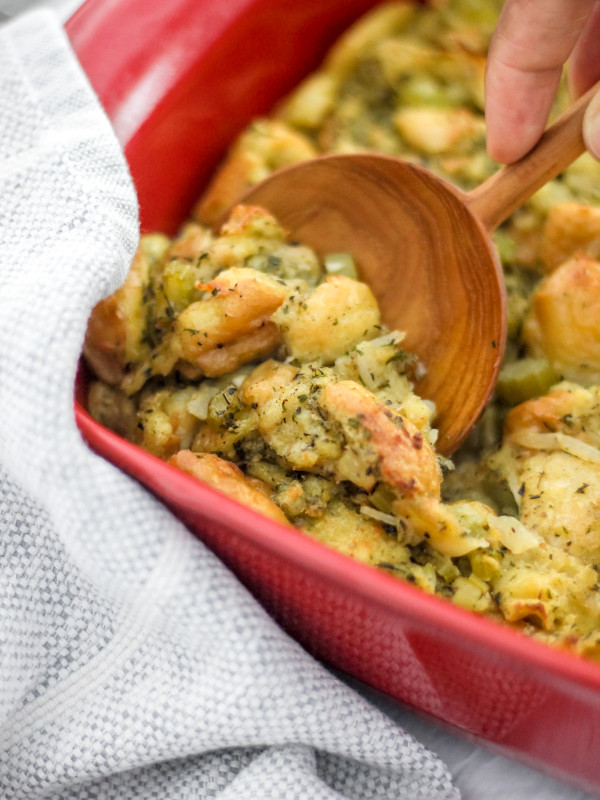 stuffing in a red casserole dish