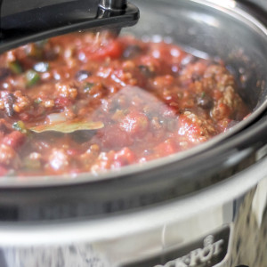 chili in crockpot with lid on