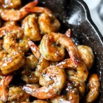Scotch Bonnet Orange Glazed Shrimp Overhead View in Skillet