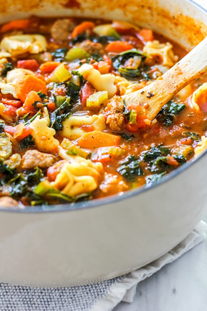 Italian Sausage Tortellini Soup in large White Stockpot 