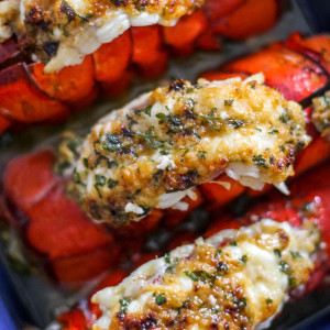 White Wine Garlic Butter Lobster Tails in Blue Dish