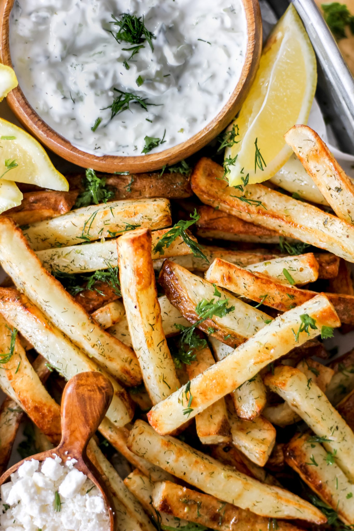 Air Fryer Greek Fries with Tzatziki - The Seasoned Skillet