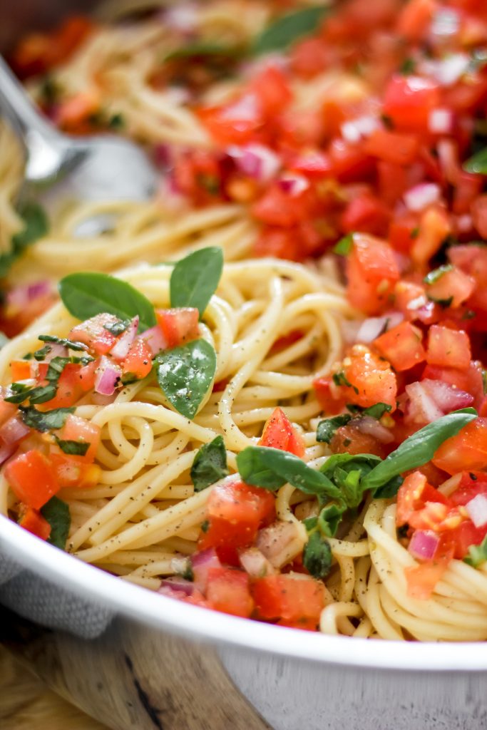 Bruschetta Pasta with Large Fork in Skillet