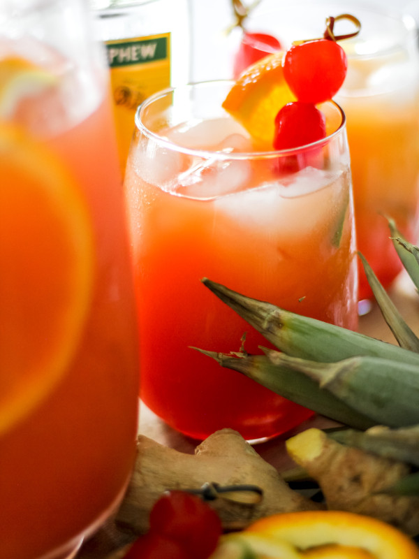 Tropical Rum Punch in Pitcher and Glass