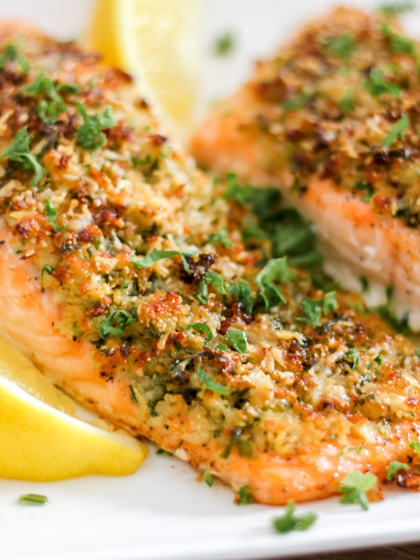 Parmesan Herb Crusted Salmon on White Plate