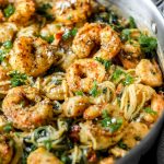 Sundried Tomato & Spinach Seafood Pasta in Skillet