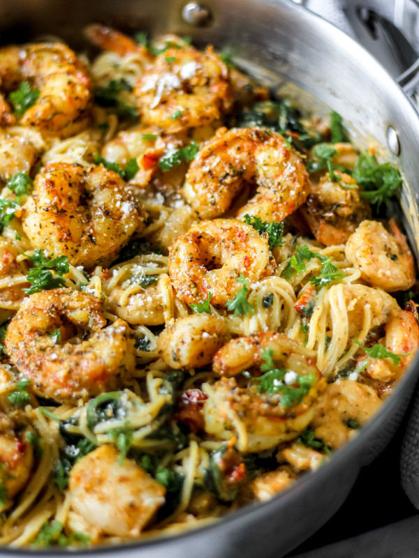 Sundried Tomato & Spinach Seafood Pasta in Skillet