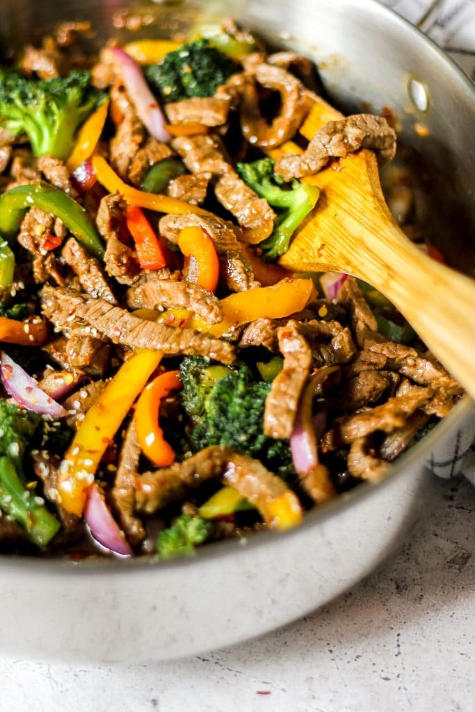 Easy Beef & Vegetable Stir-Fry in Pot with Wooden Spoon