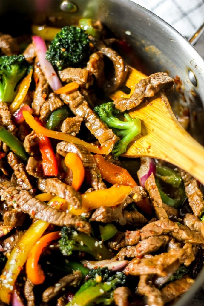 Easy Beef & Vegetable Stir-Fry in Pot with Wooden Spoon