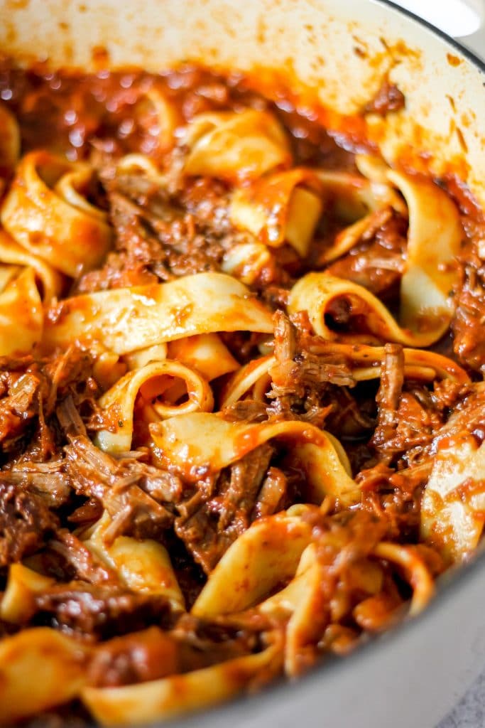 Slow Cooked Beef Ragu with Pappardelle in enameled dutch pot