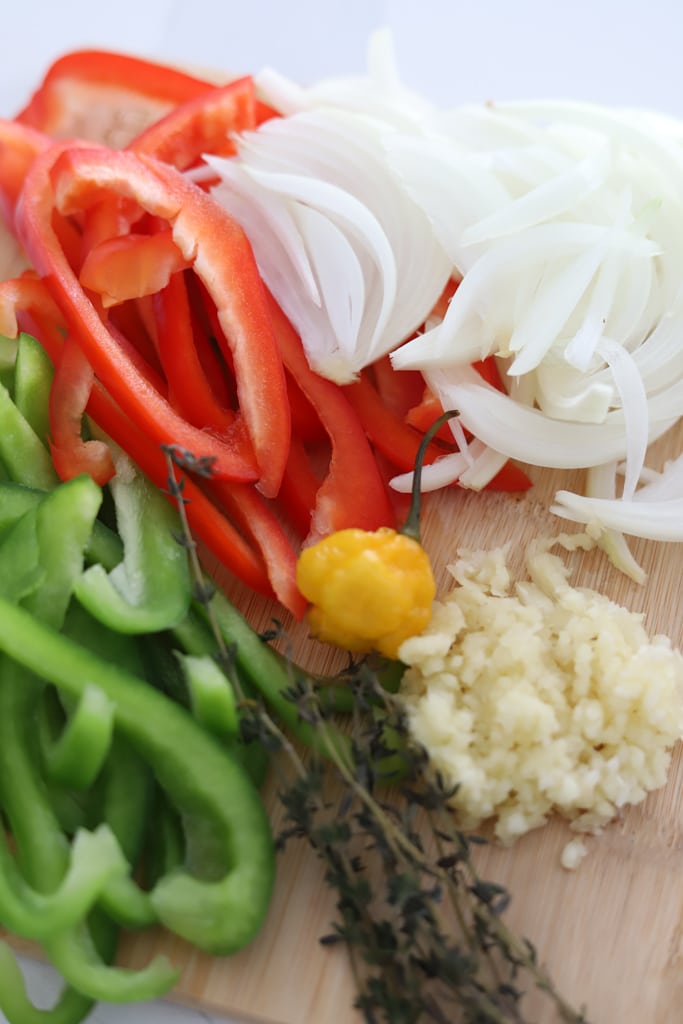 fresh peppers, herbs and aromatics for recipe