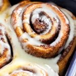 Soft Cinnamon Rolls Glazed in blue dish
