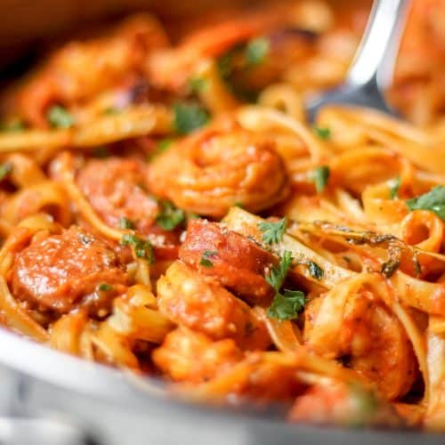 One Pot Creamy Cajun Shrimp Pasta with Sausage - The Seasoned Skillet