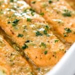 Buttered Honey Mustard Oven Baked Salmon_in White Casserole Dish.