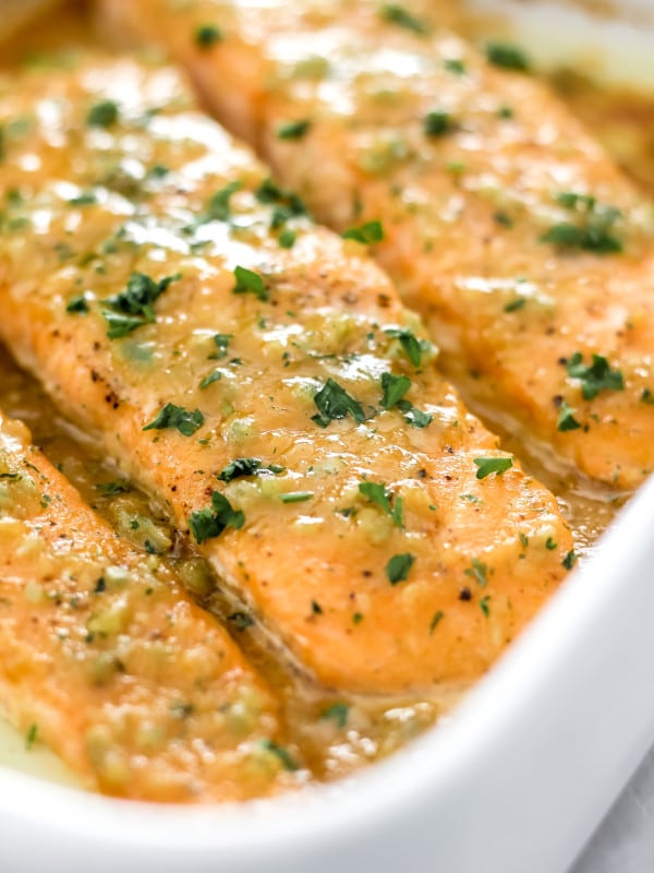 Buttered Honey Mustard Oven Baked Salmon_in White Casserole Dish.