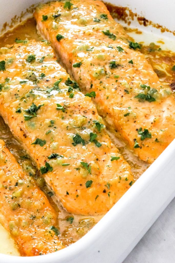 Buttered Honey Mustard Oven Baked Salmon_in White Casserole Dish