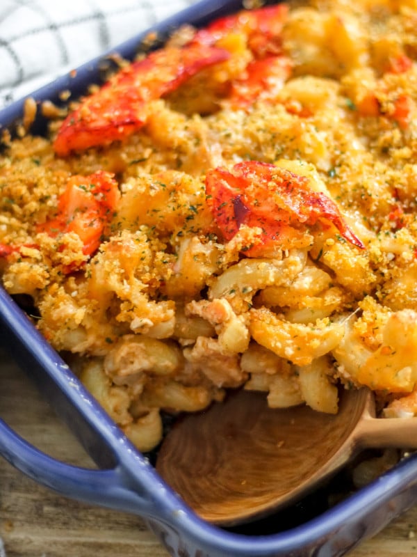 Ultimate Lobster Mac and Cheese in blue casserole dish