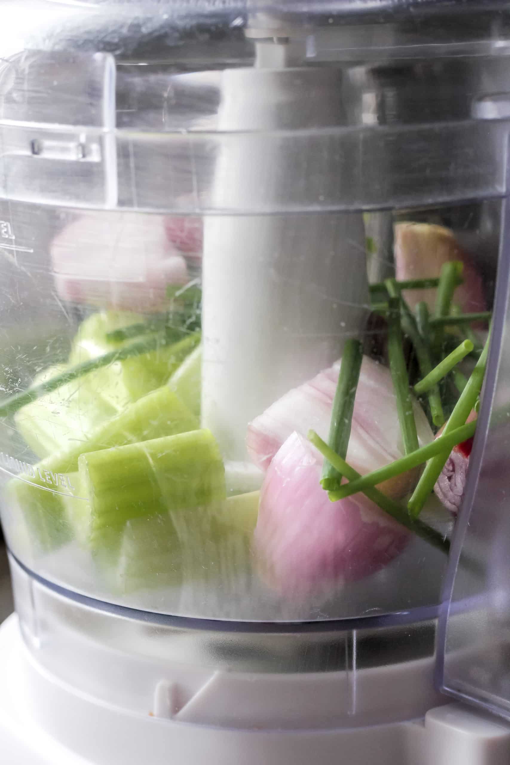 Shallots, Celery, and Chives in Food Processor