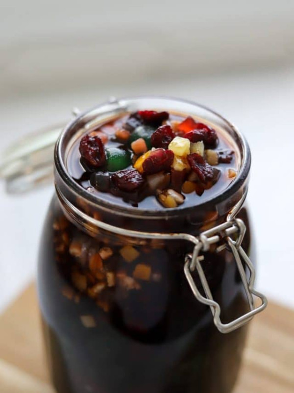 fruit for christmas cake in glass jar.