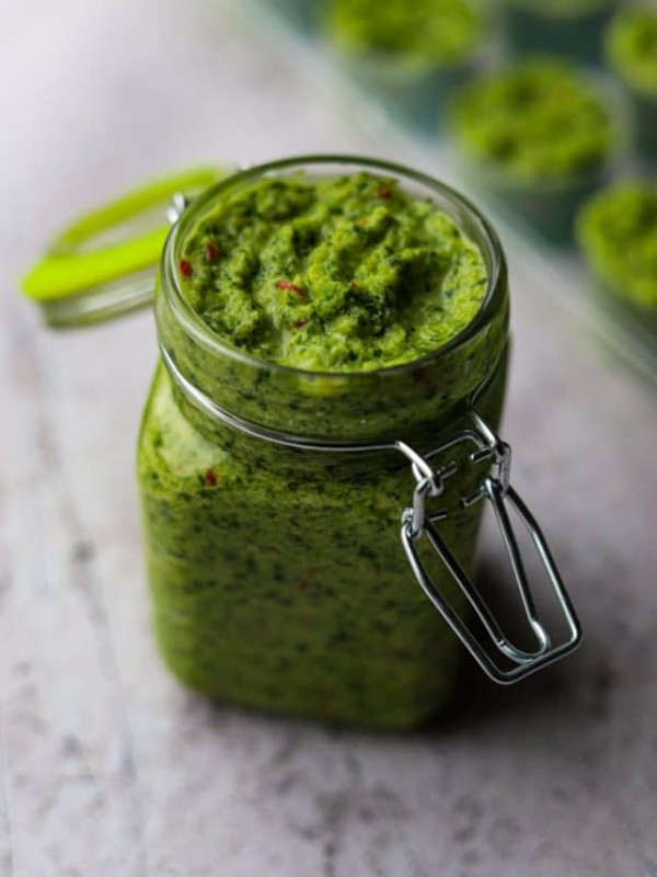 caribbean green seasoning in glass airtight jar.