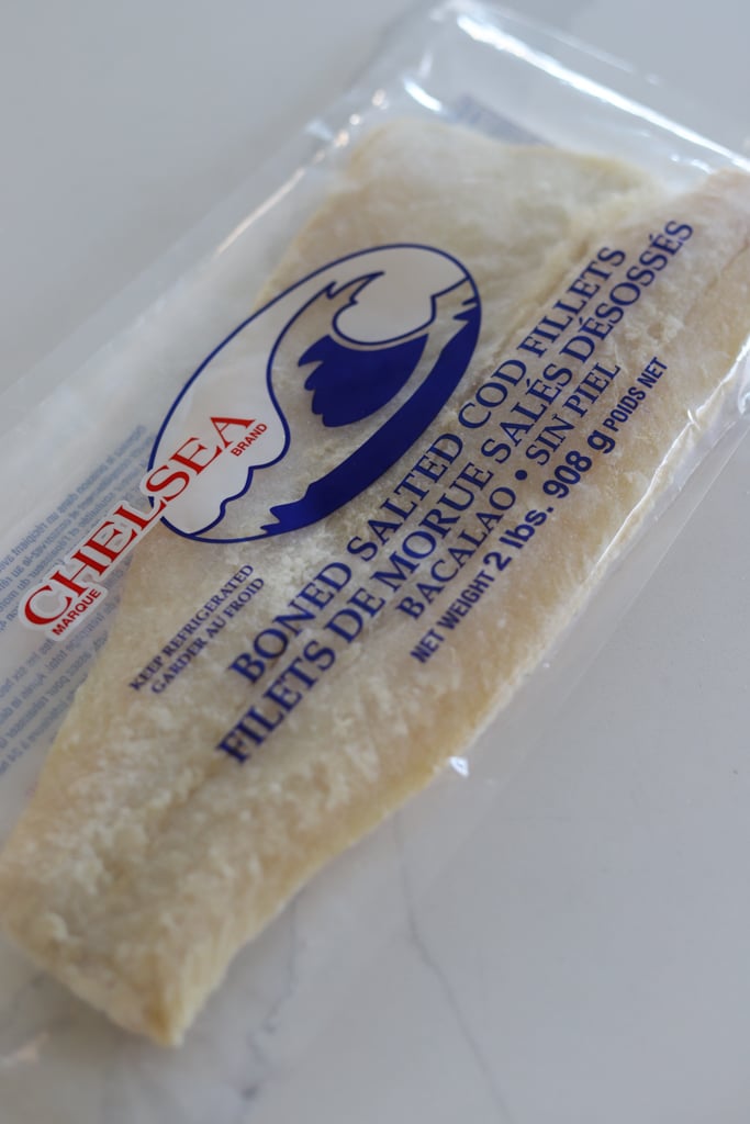 boned salted cod fillets in plastic packaging.