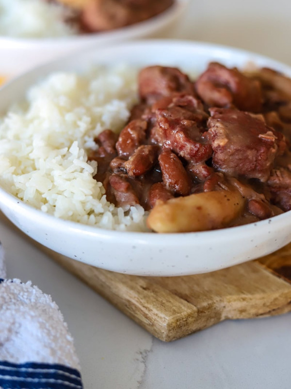a bowl of Jamaican stew peas and rice.