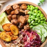 overhead view of jamaican poke bowl.