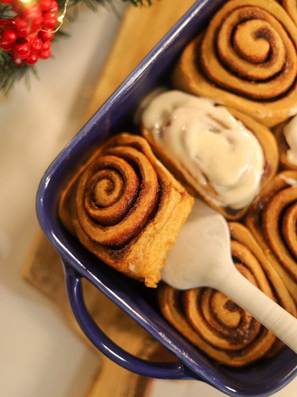 gingerbread cinnamon rolls with icing.