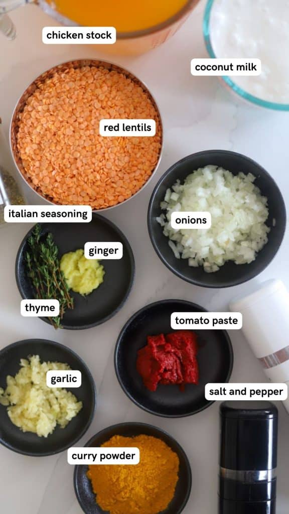 lentil stew ingredient flatlay with labels.