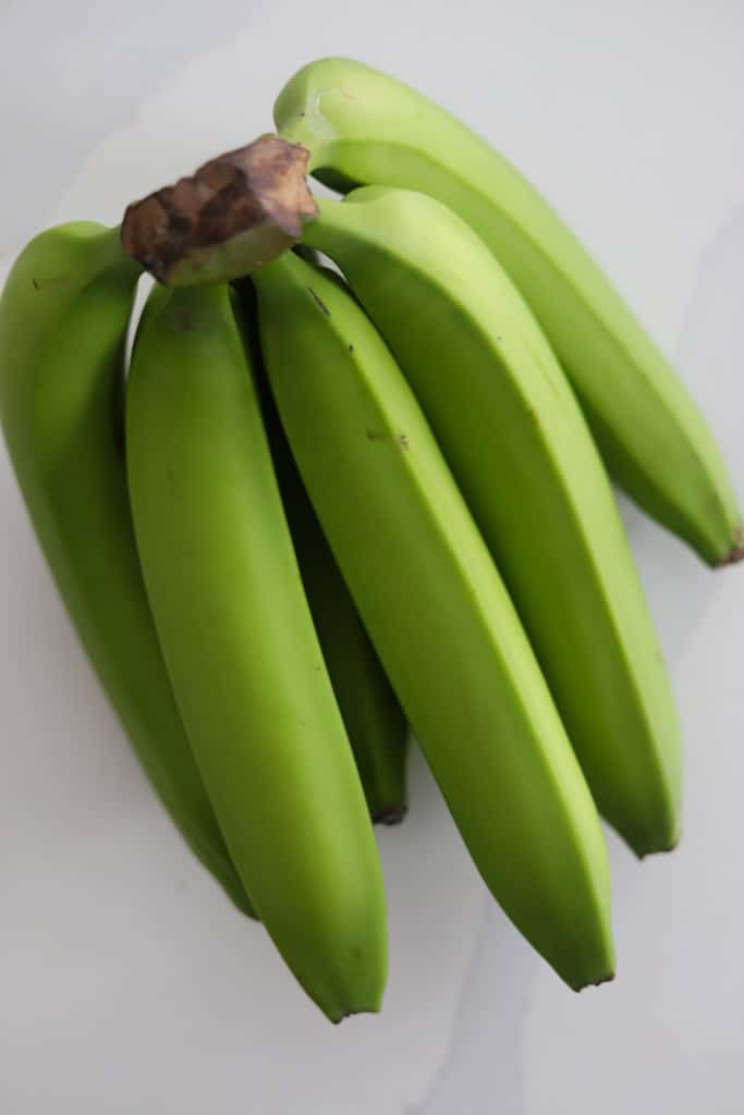 overhead view of a cluster of green bananas