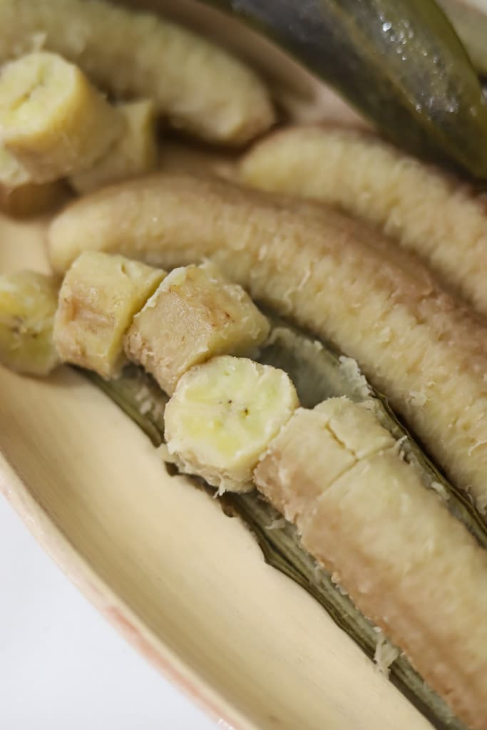close up view of boiled unripe bananas