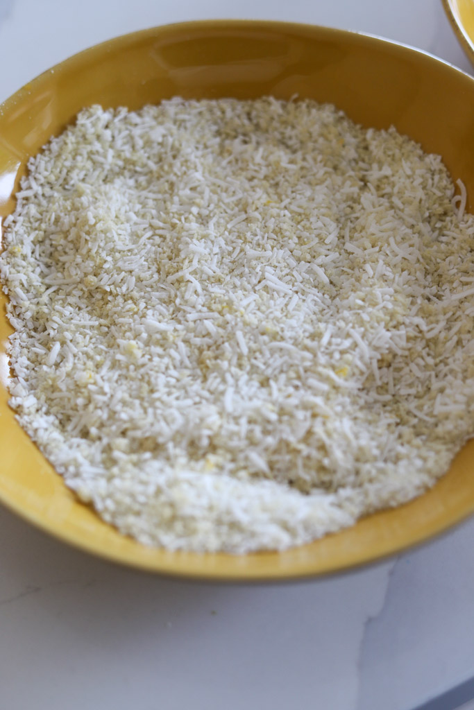 breading station: panko breadcrumbs and sweetened shredded coconut.