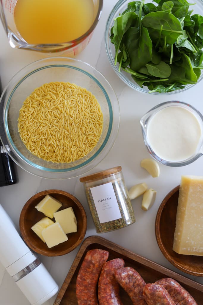 ingredient flatlay for  parmesan orzo.