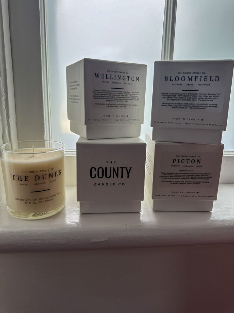 County Candle Company products with scents dedicated to Prince Edward County towns