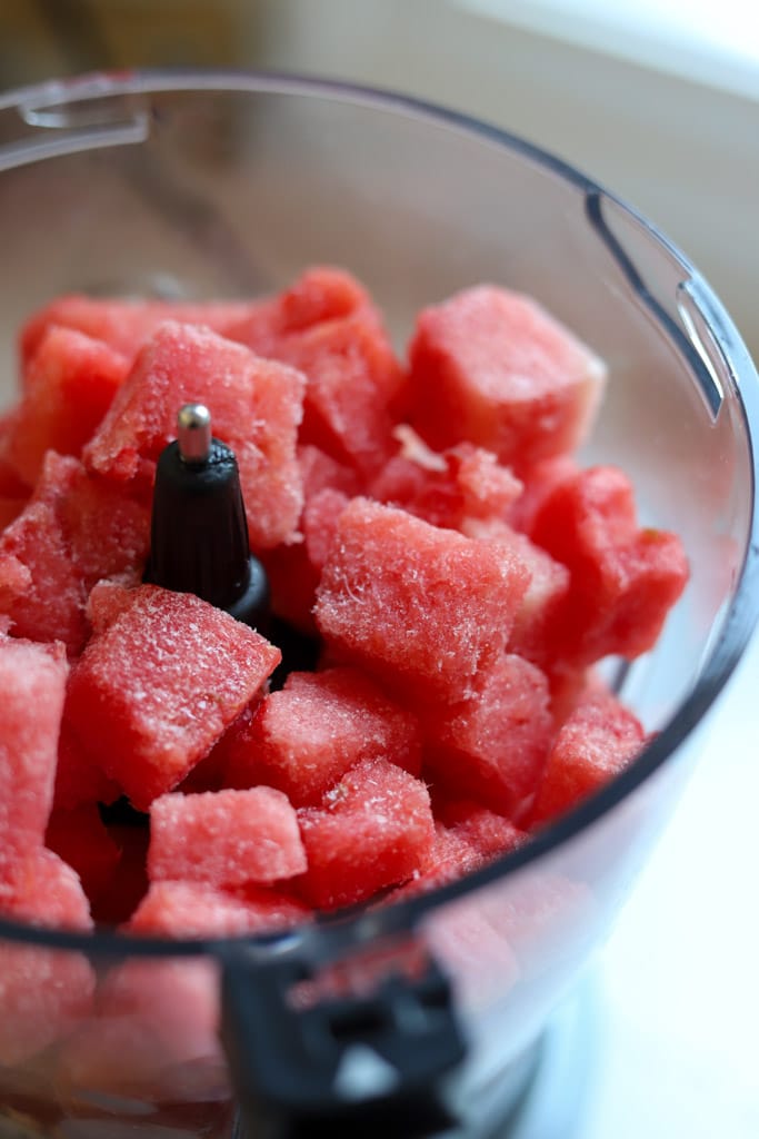 frozen watermelon cubes in a food processor