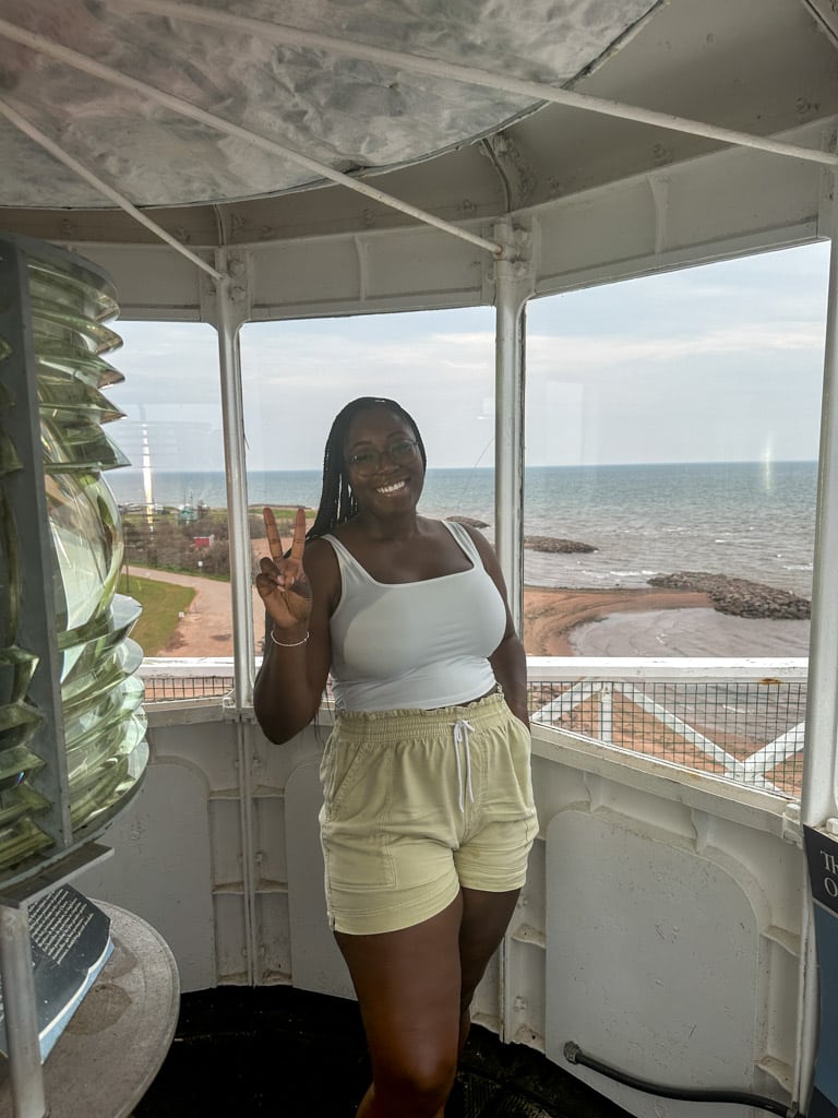 taneisha at the top of west point lighthouse.