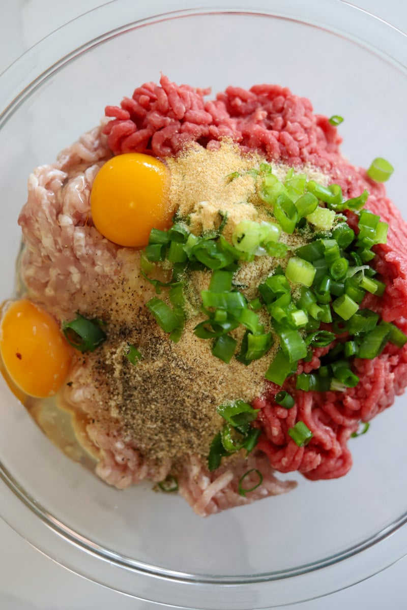 ground meat, eggs, breadcrumbs, garlic powder, green onions, salt and pepper in bowl.