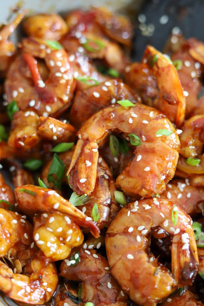 close up view of sweet chili shrimp in a pan