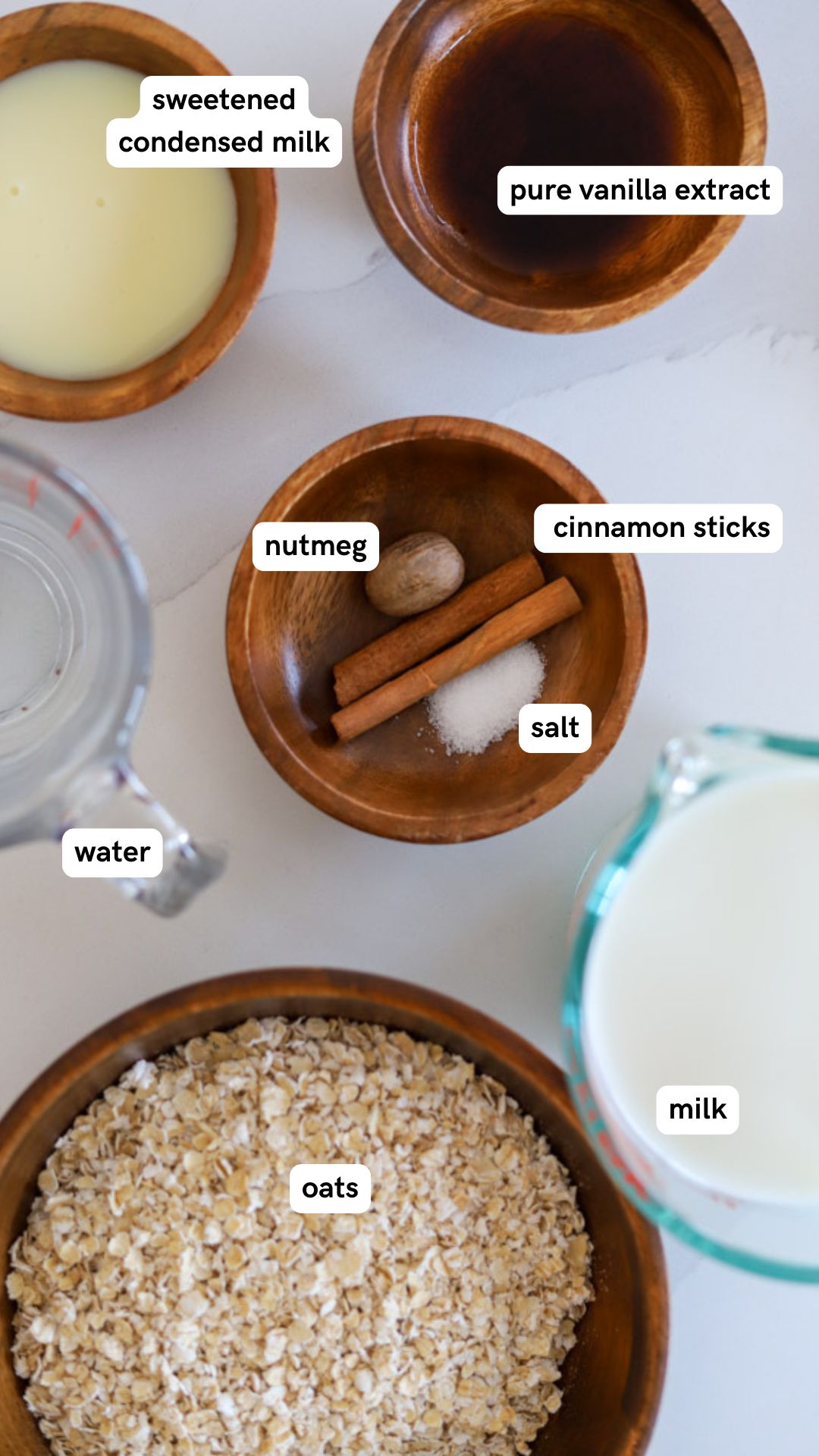 labelled ingredients flatlay for oats porridge.