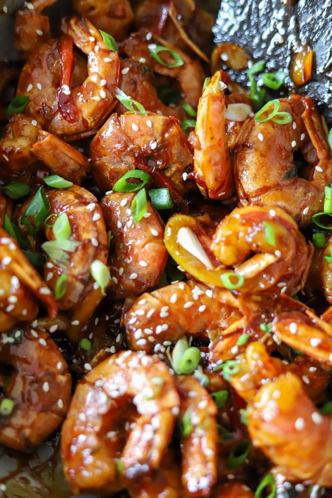 close up view of sweet chili shrimp in a pan