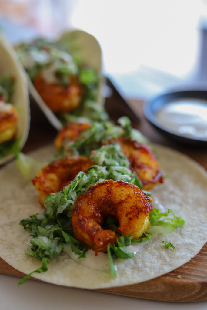 curry shrimp tacos with cucumber chutney.