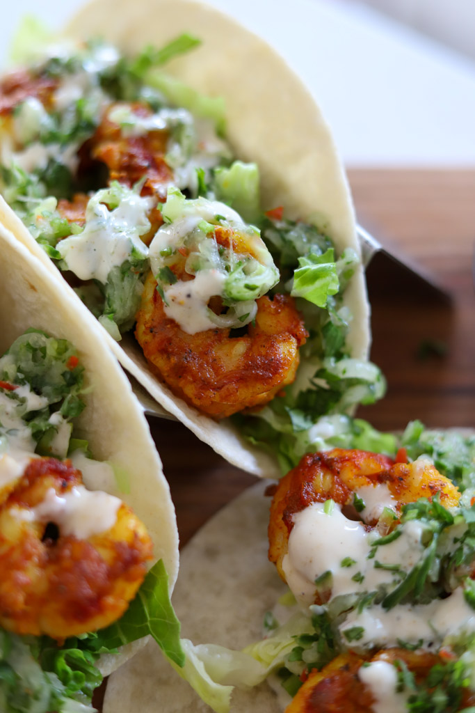 shrimp tacos on platter.