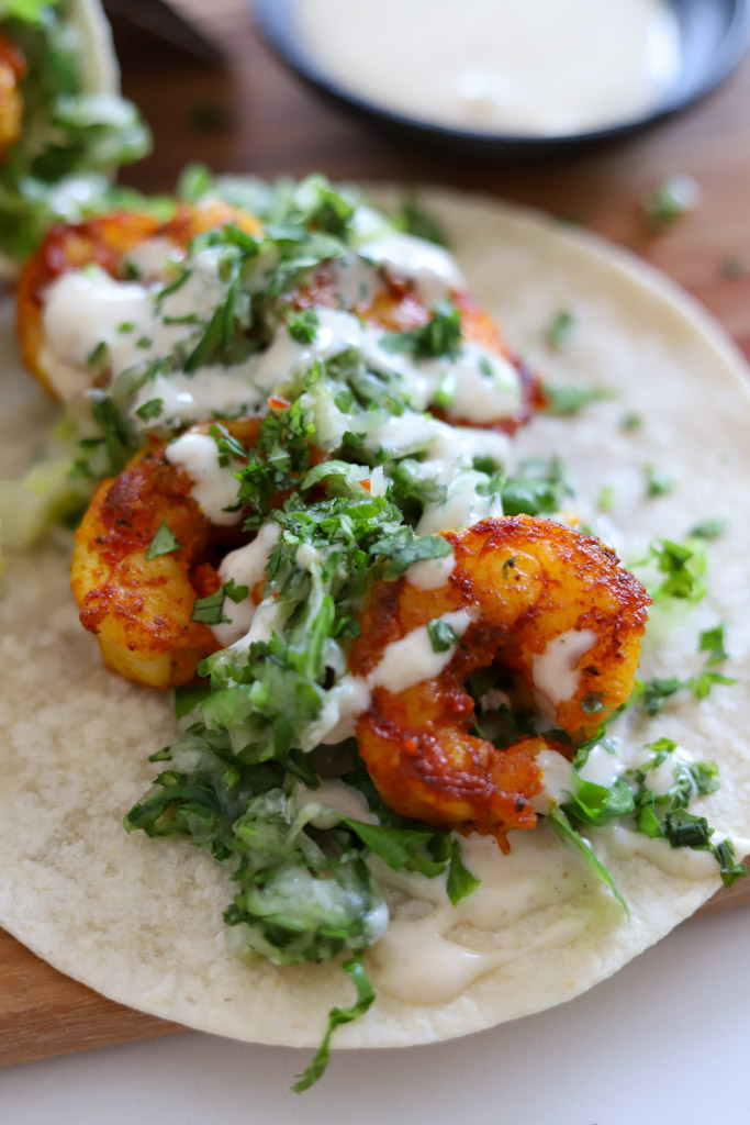 open faced shrimp taco.