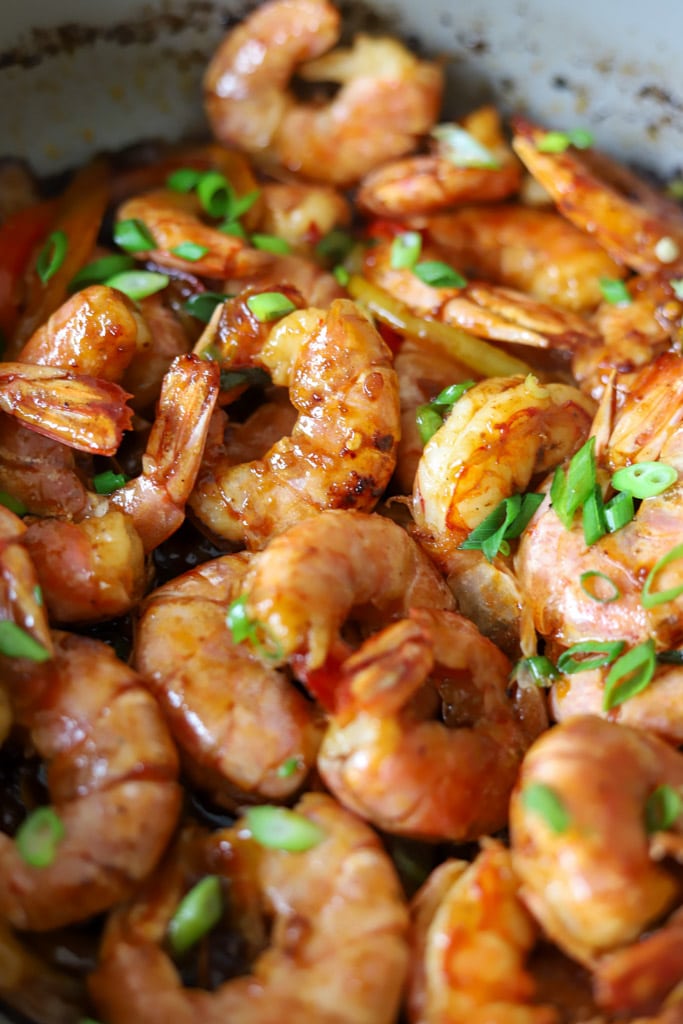 close up view of sweet chili shrimp in a pan